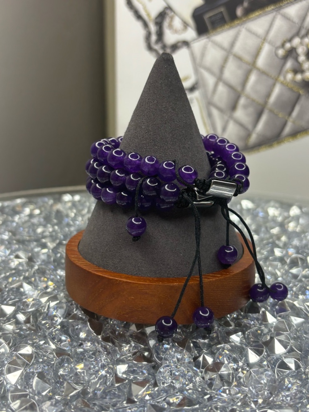 Purple Beaded Stretch Bracelet Stack with Pave Accent - Picture 5 of 8